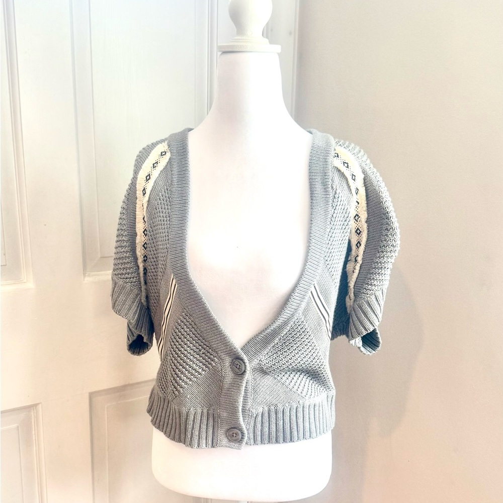 Gray Women's Short Sleeve Cardigan Sweater with Hand Stitched Appliqué Detail